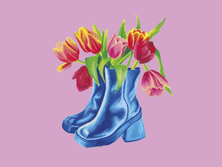 illustratie laarsjes bloemen tulpen print kaart