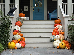 Pumpkin porch decorating with heirloom pumpkins on stairs.