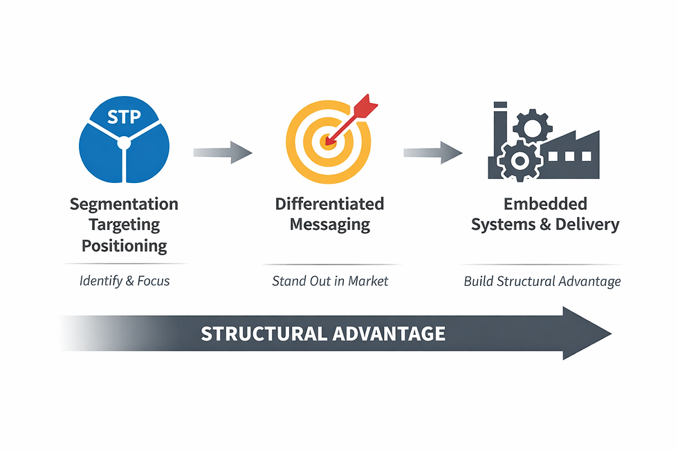 Diagram illustrating how segmentation, targeting, and positioning (STP) lead to competitive advantage by moving from market segmentation to differentiated messaging and finally to embedded systems that create structural competitive advantage.