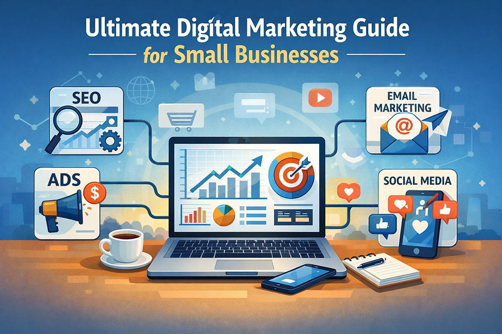 Digital marketing guide for small businesses showing key channels including SEO, social media marketing, email marketing, and online advertising.
