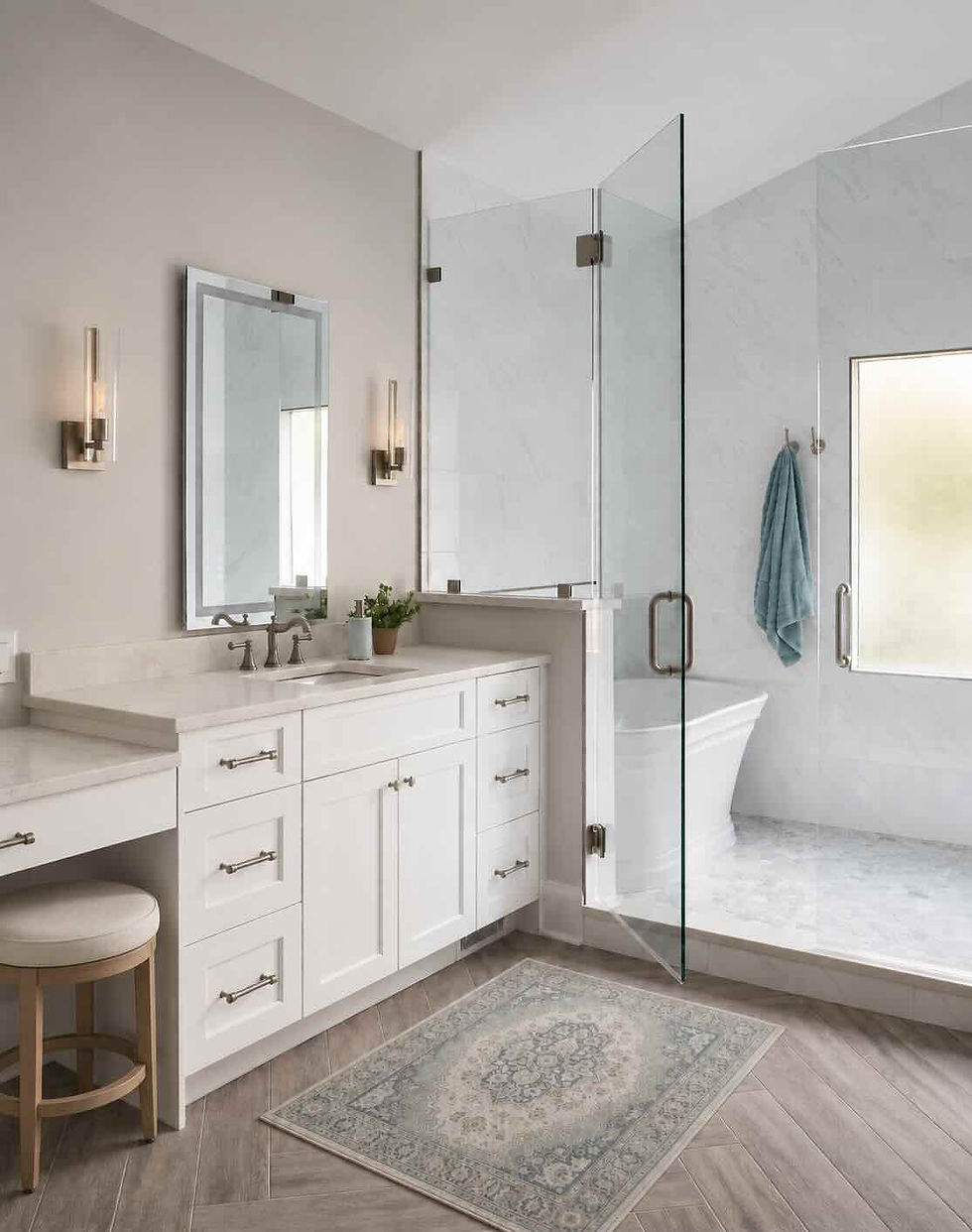 Primary bathroom remodel in Cornelius NC with wet room and comfort height vanities.