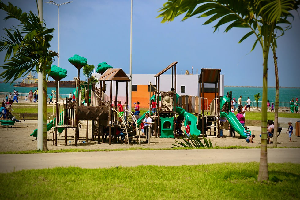 Vista aérea de un parque público con áreas verdes y juegos infantiles