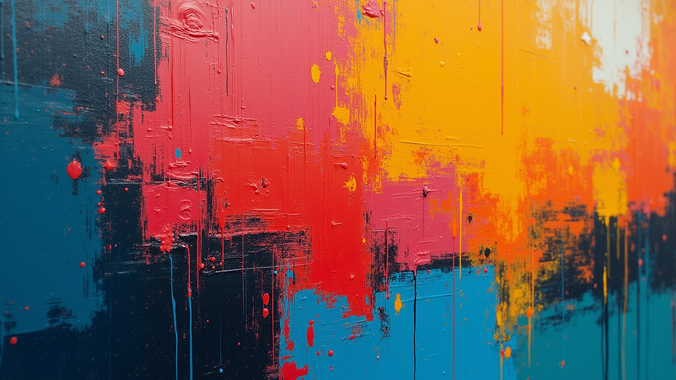 Close-up view of a vibrant abstract painting with bold colors and dynamic shapes