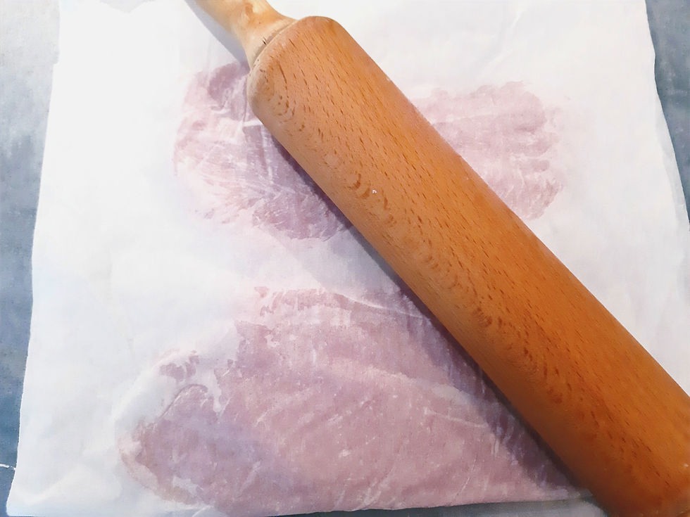 Escalopes de dinde entre 2 feuilles de papier sulfurisé, et aplaties au rouleau
