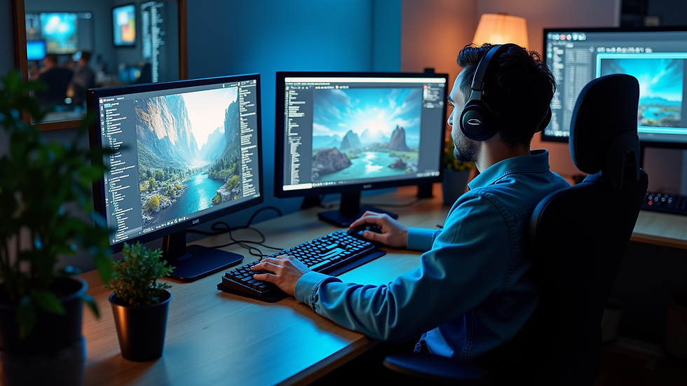 High angle view of a game development workspace with multiple screens and tools