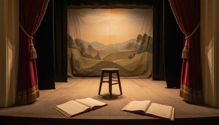Eye-level view of a small theatre stage with handwritten scripts and simple painted scenery