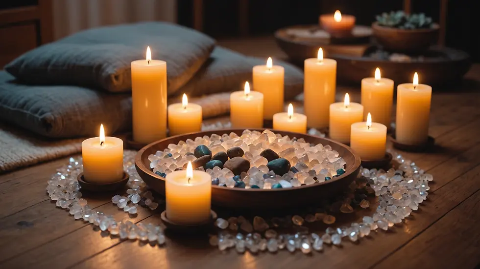 Close-up view of a calming meditation space with candles and crystals