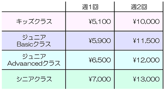 トゥピエバレエスタジオの料金表