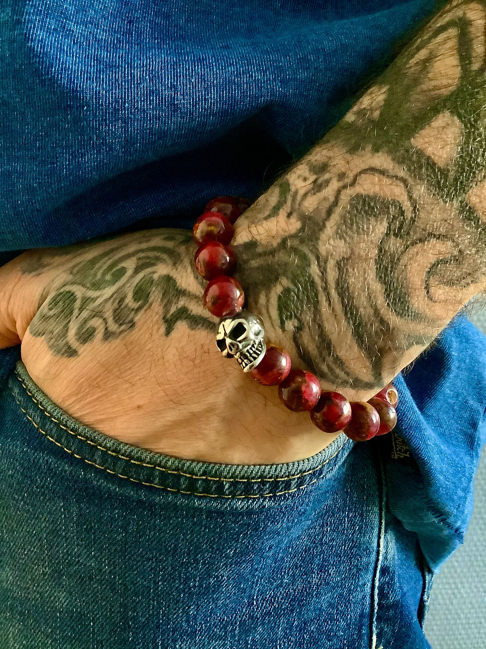 10mm Jasper Ruby & Skull charm Bracelet