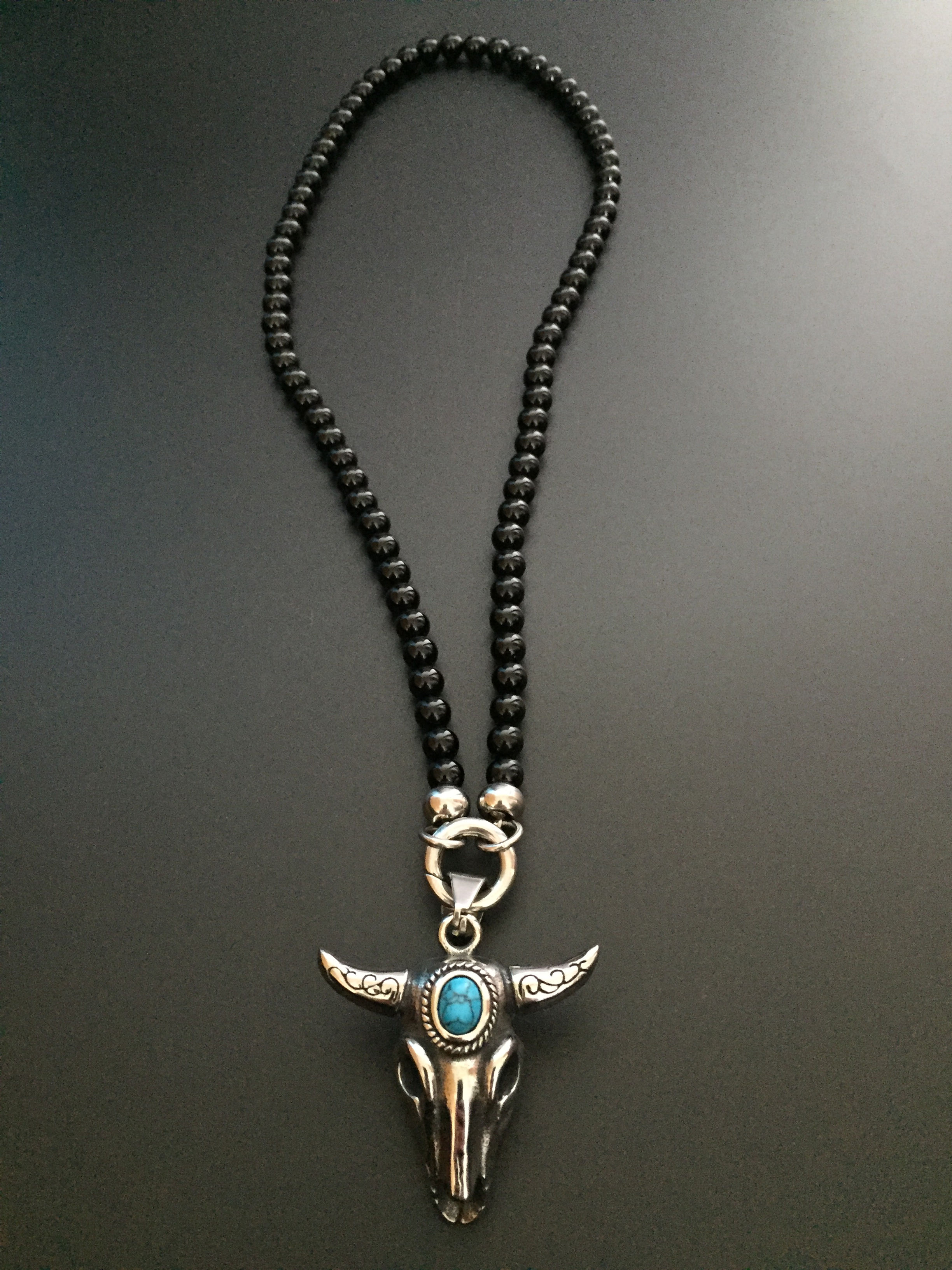 Collier Clip 6MM Onyx Noire brillante & Buffle stone