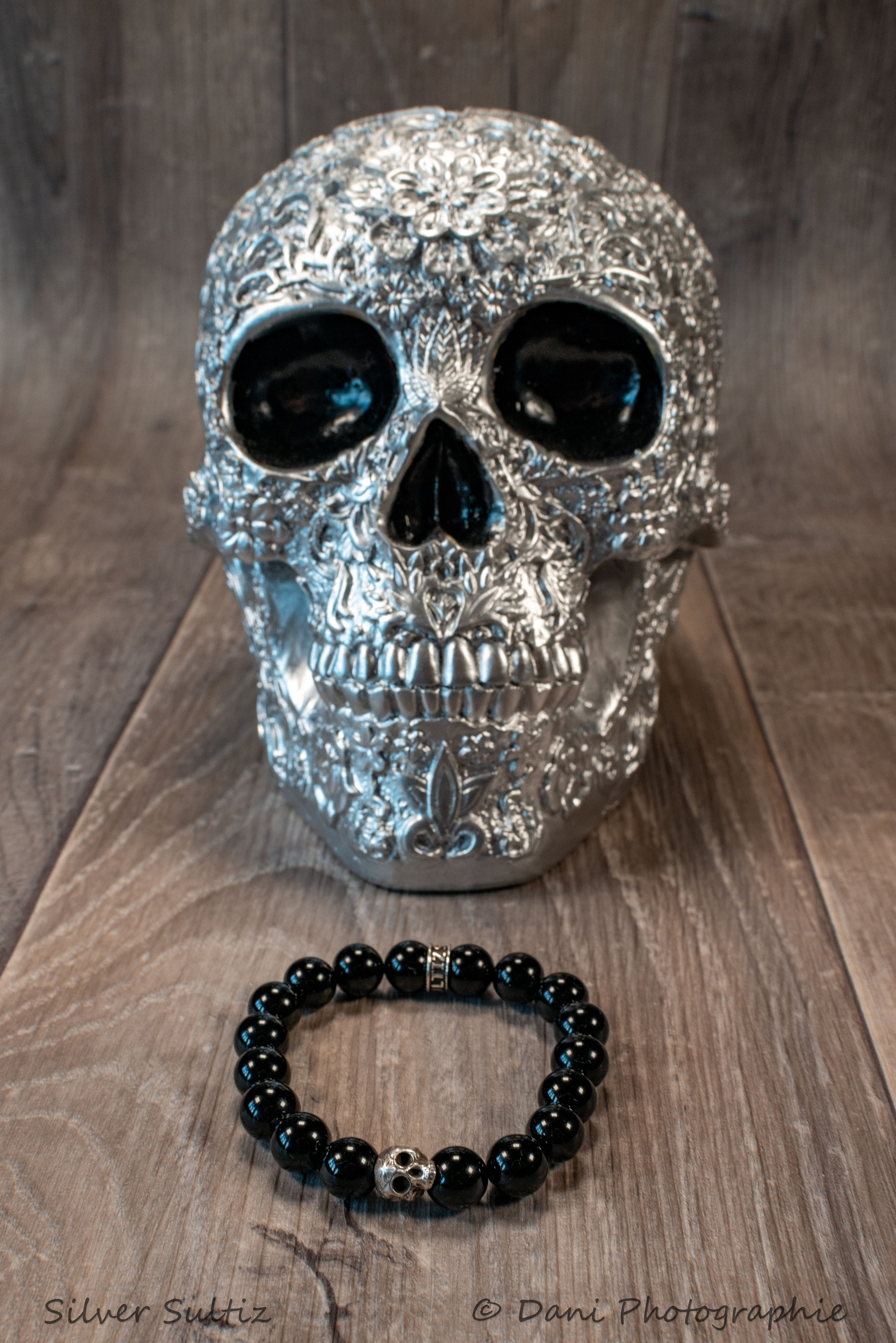 Bracelet 10mm Onyx Brillante - Skull Silver Sultiz