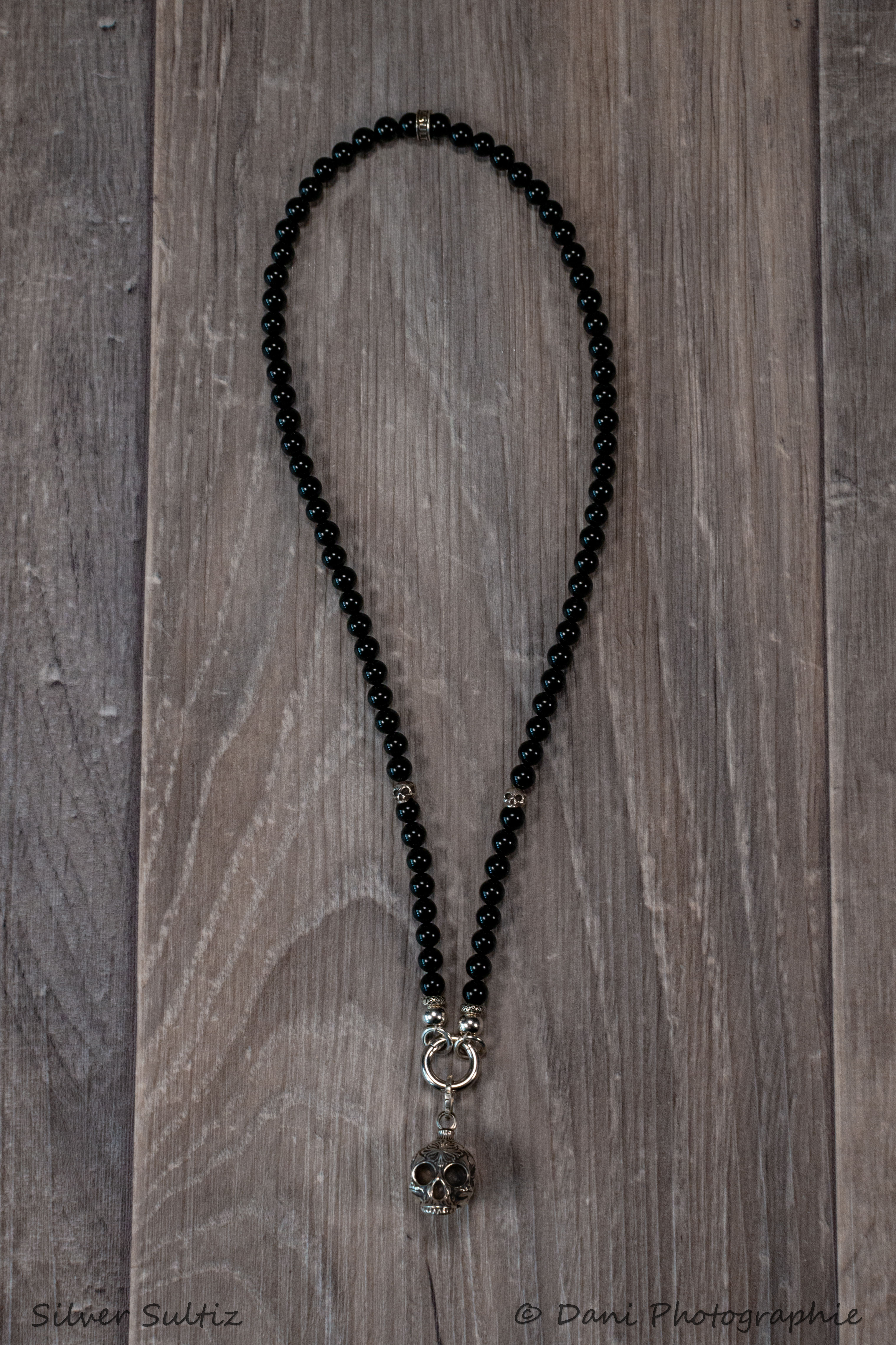 Collier clip 6mm Onyx Brillante - Skull Silver Sultiz