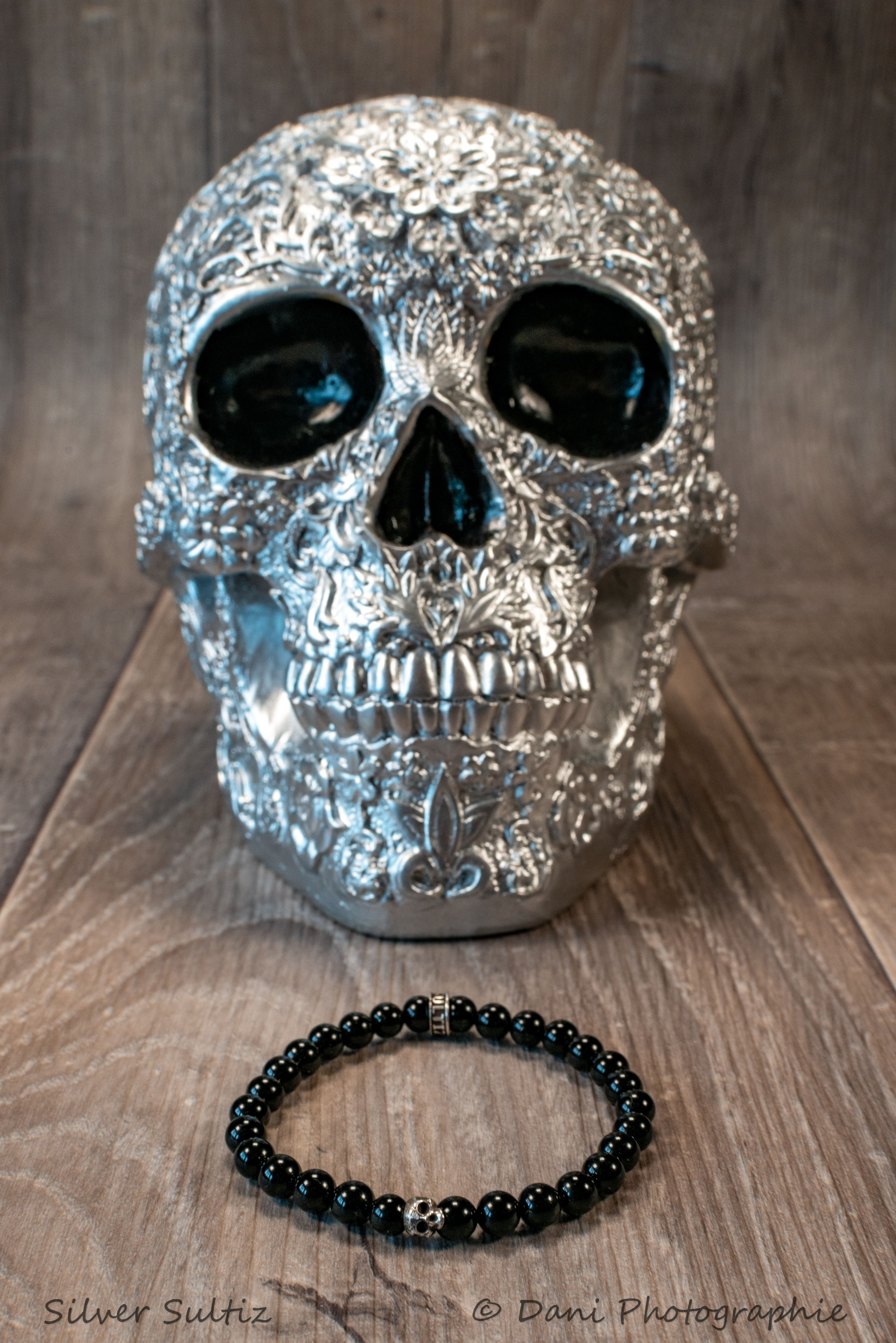 Bracelet 6mm Onyx Brillante - Skull Silver Sultiz