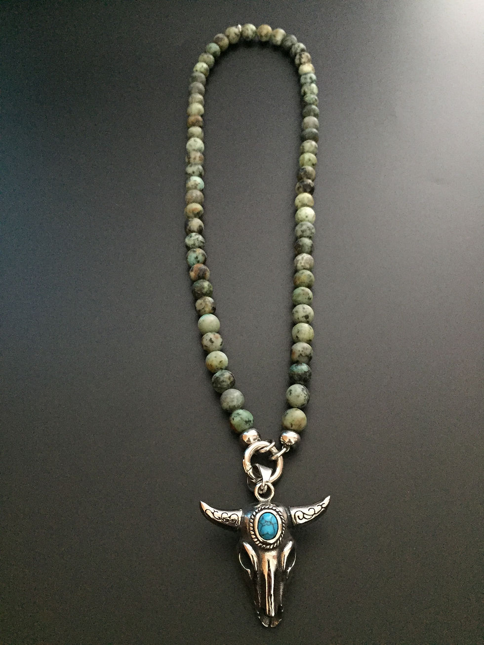 Collier Clip 8mm Turquoise africaine & Buffle stone