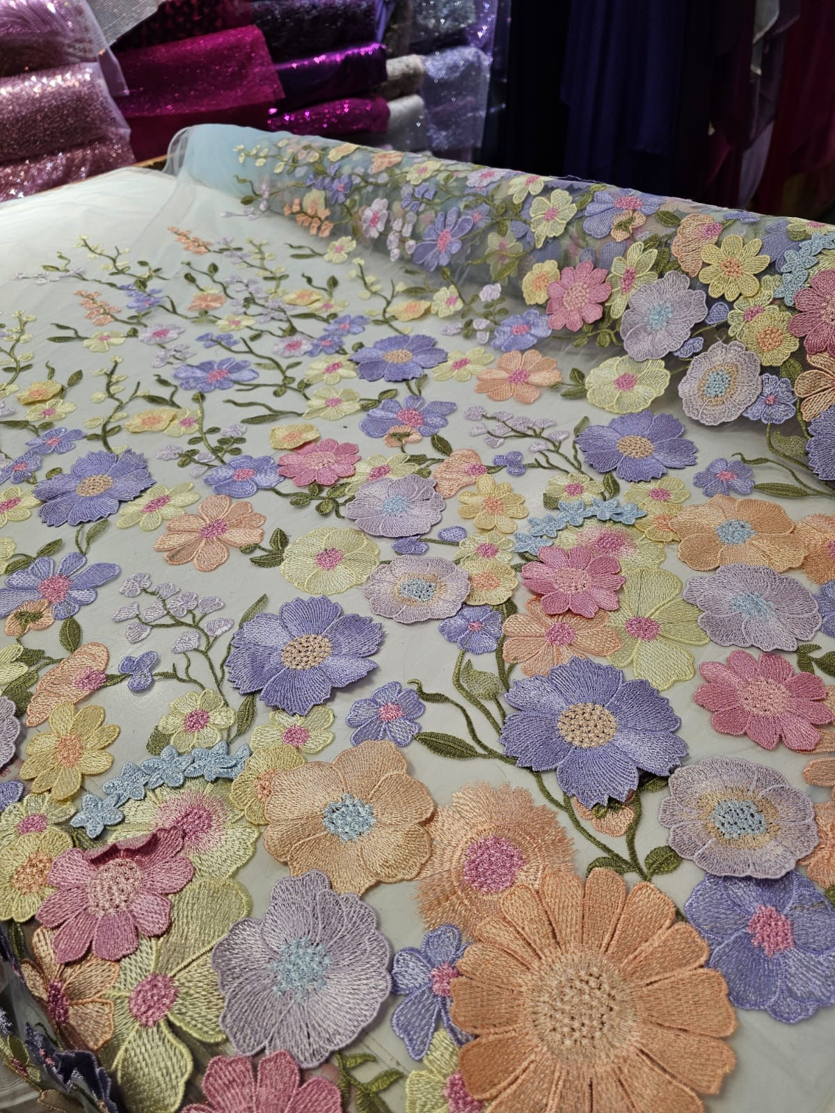 Tul Bordado Azul Cielo Floral