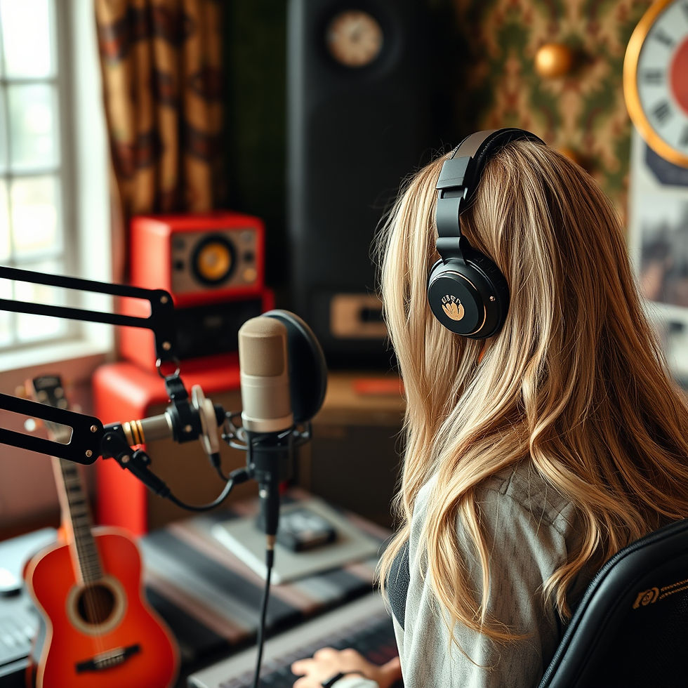WOMEN PODCASTER, no face view , in a plush vintage rocker studio decor, with blonde hair
