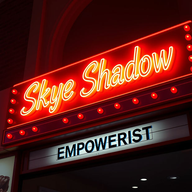 create a neon sign using reds, blues, orange and yellow that says 'Skye Shadow' on a theat