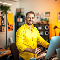 man working in a creative environment, smiling leader, wearing a bright yellow or white s