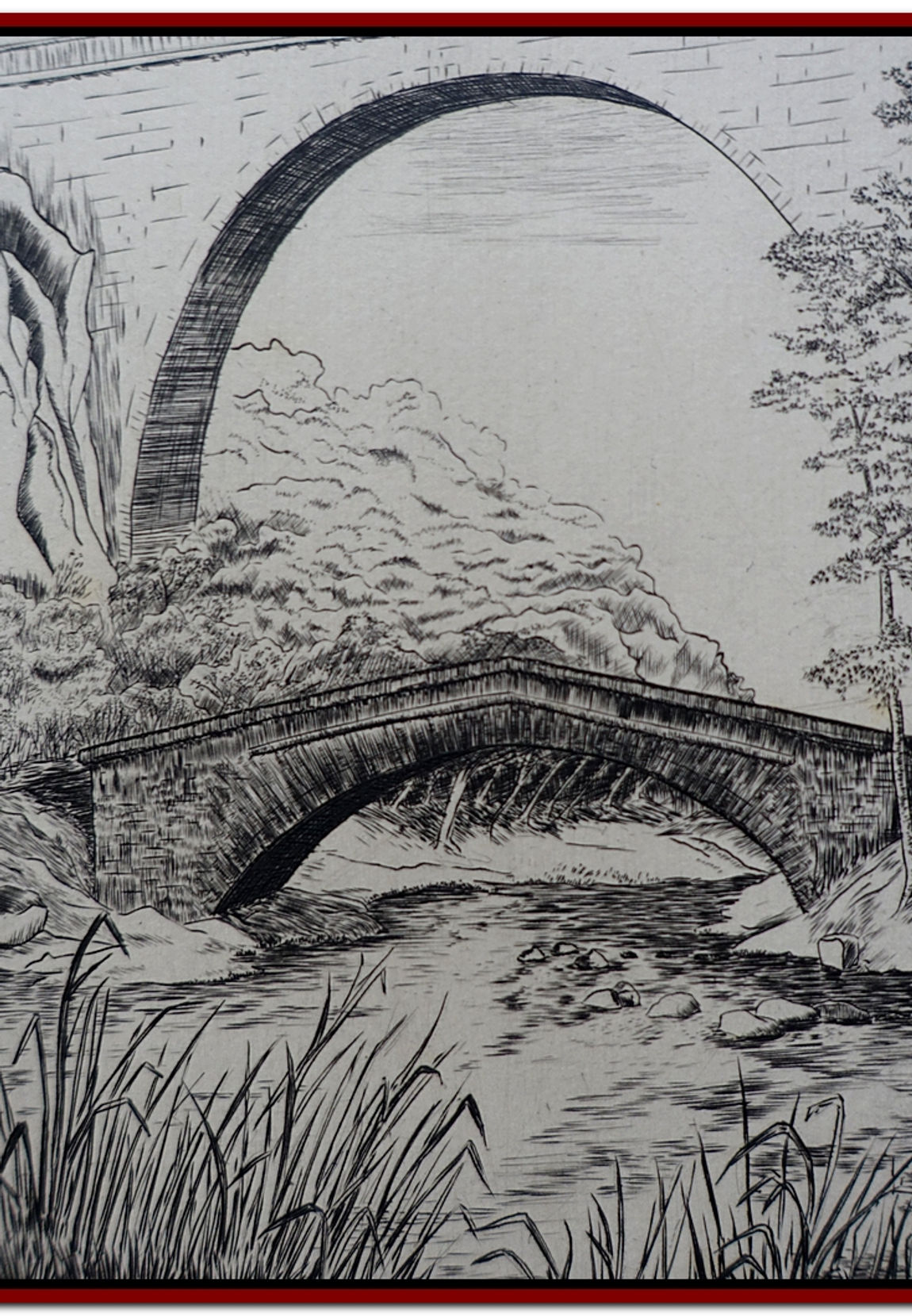 Henri SELLIER Pont Rivière et personnages roseaux ancienne 1960