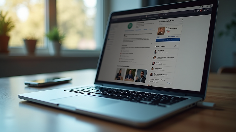 Eye-level view of a laptop screen showing a professional social media profile