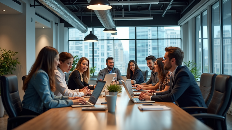 Wide angle view of a modern office workspace with digital marketing team