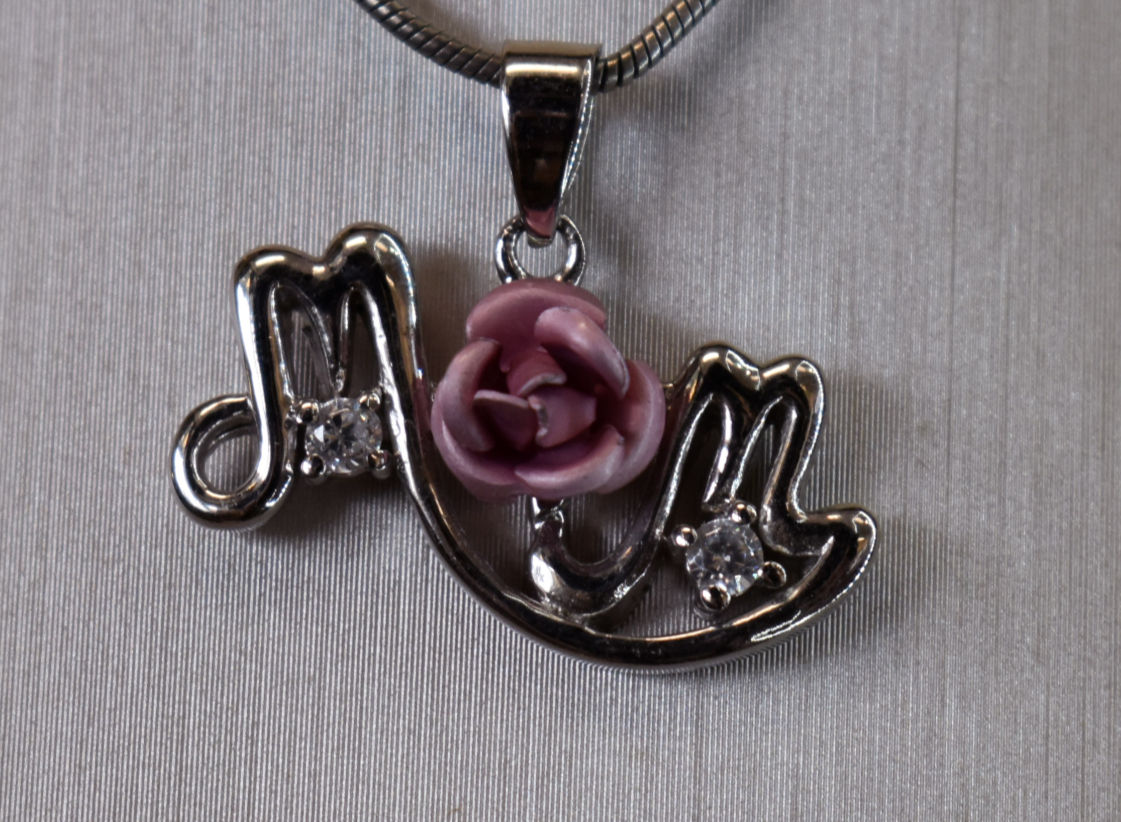 Silver "Mom" Rose Charm