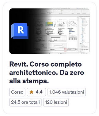 Corso completo su Revit Architettura, dalla modellazione BIM di edifici fino alla stampa degli elaborati. L’immagine mostra il logo Revit e una vista prospettica di un edificio residenziale modellato in Revit, con dettagli architettonici visibili in 3D.