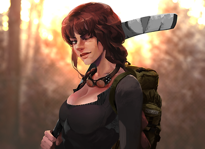 Portrait of Birdie Foundling: Young woman with red brown hair worn down in 2 braids winking. Wearing a scoop neck black long sleeve shirt, goggles around neck, backpack, and holding a hocky stick.