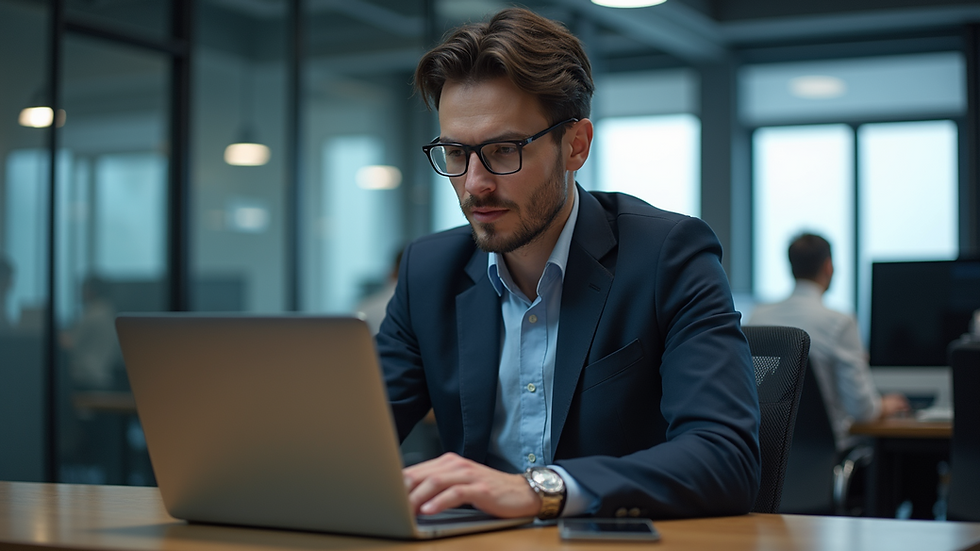 Vista de un consultor de TI trabajando en una computadora portátil en una oficina moderna