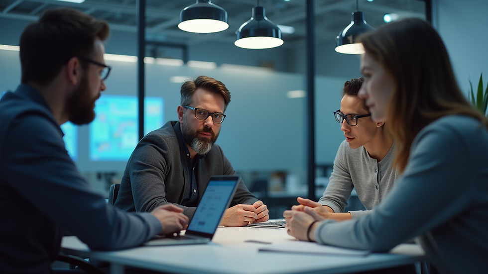 Eye-level view of a team collaborating on software implementation
