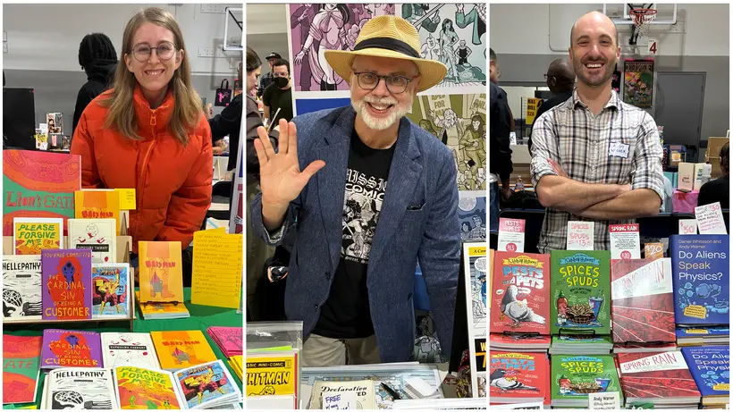 The author and his tablemates Maddy Peters and Andy Warner at Comic Arts Los Angeles 2025
