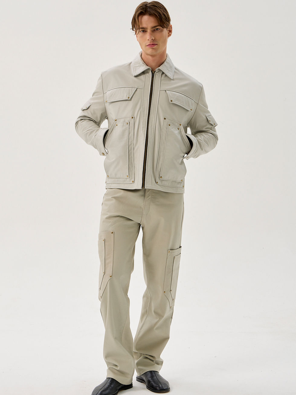 Bone white 100% calfskin jacket with 12 pockets and reinforced brass hardware