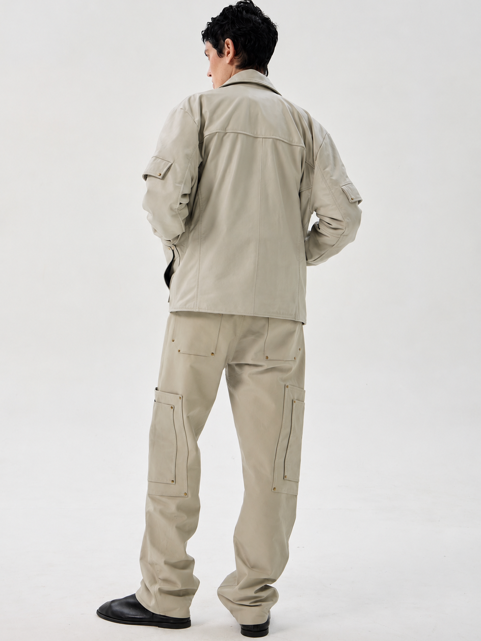 Bone white 100% calfskin double pocket pant with reinforced brass hardware