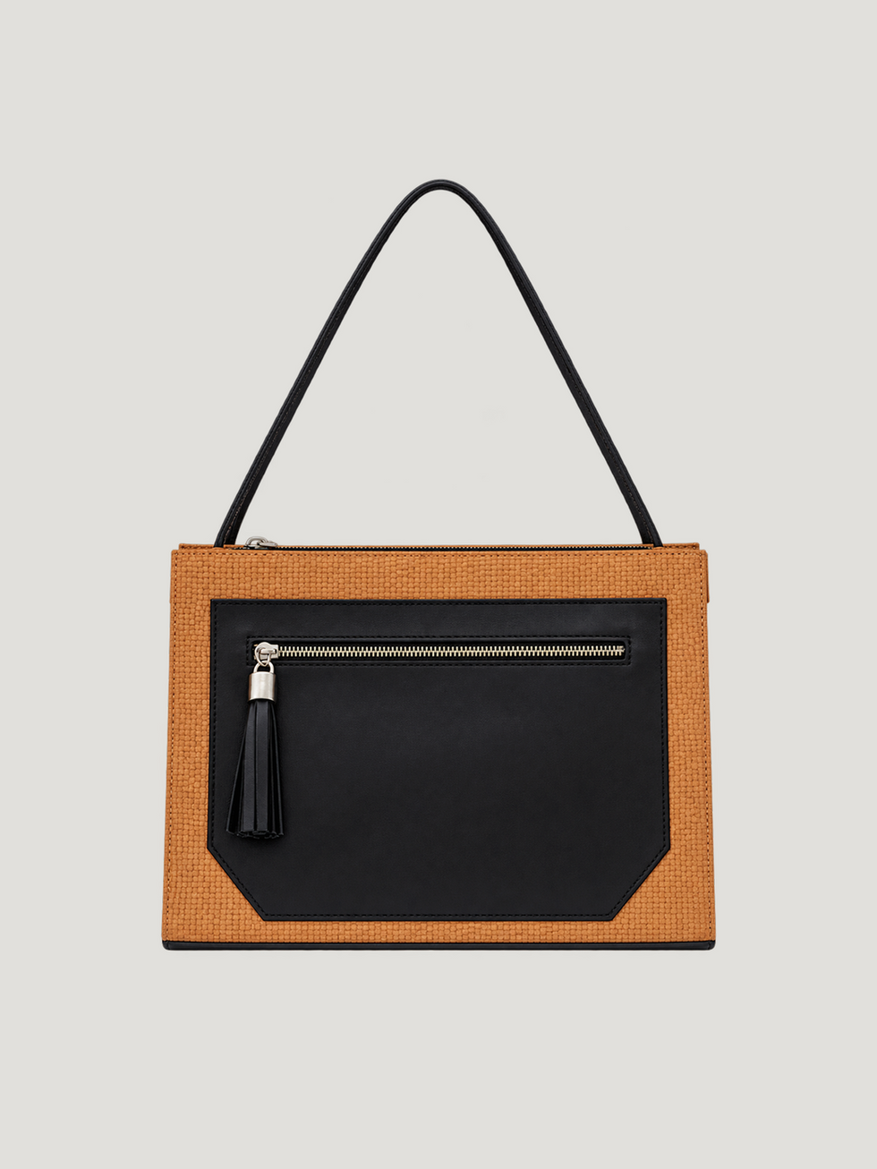 Hand-made woven leather bag with leather tassle zipper and contrast paneling