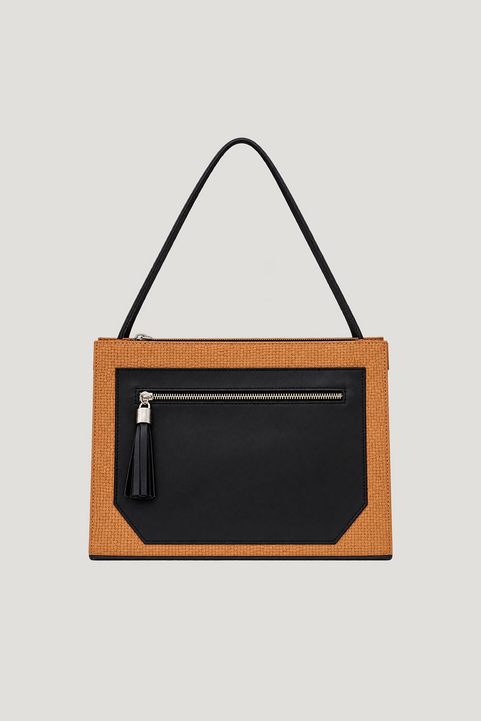 Hand-made woven leather bag with leather tassle zipper and contrast paneling