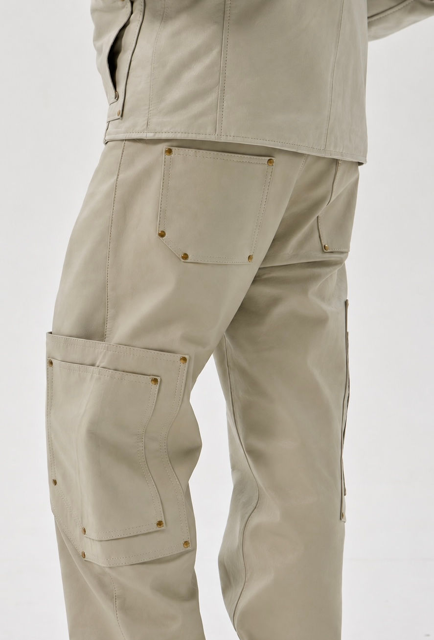 Bone white 100% calfskin double pocket pant with reinforced brass hardware