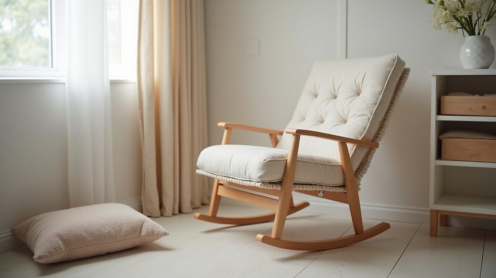 Eye-level view of a serene nursery with a rocking chair and breastfeeding pillow