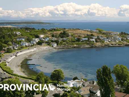 Aerial view of Oak Bay, Victoria, showing a curved pebble beach, calm blue ocean water, and a coastal neighborhood of homes nestled among green trees under a partly cloudy sky.