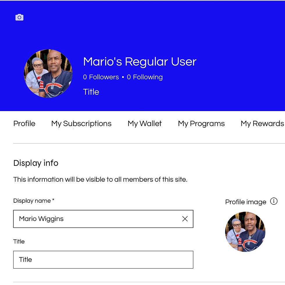 Editing the display name: Mario Wiggins is entered in the field while the profile banner still shows the previous name.