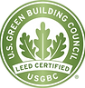 LEED Certification logo, which is light green and depicts three leaves.