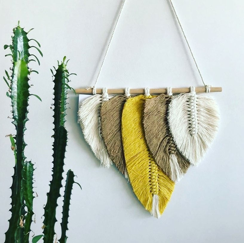 5 Feather Wall Hanging, Macrame Kit (Cream/Mustard/Beige)