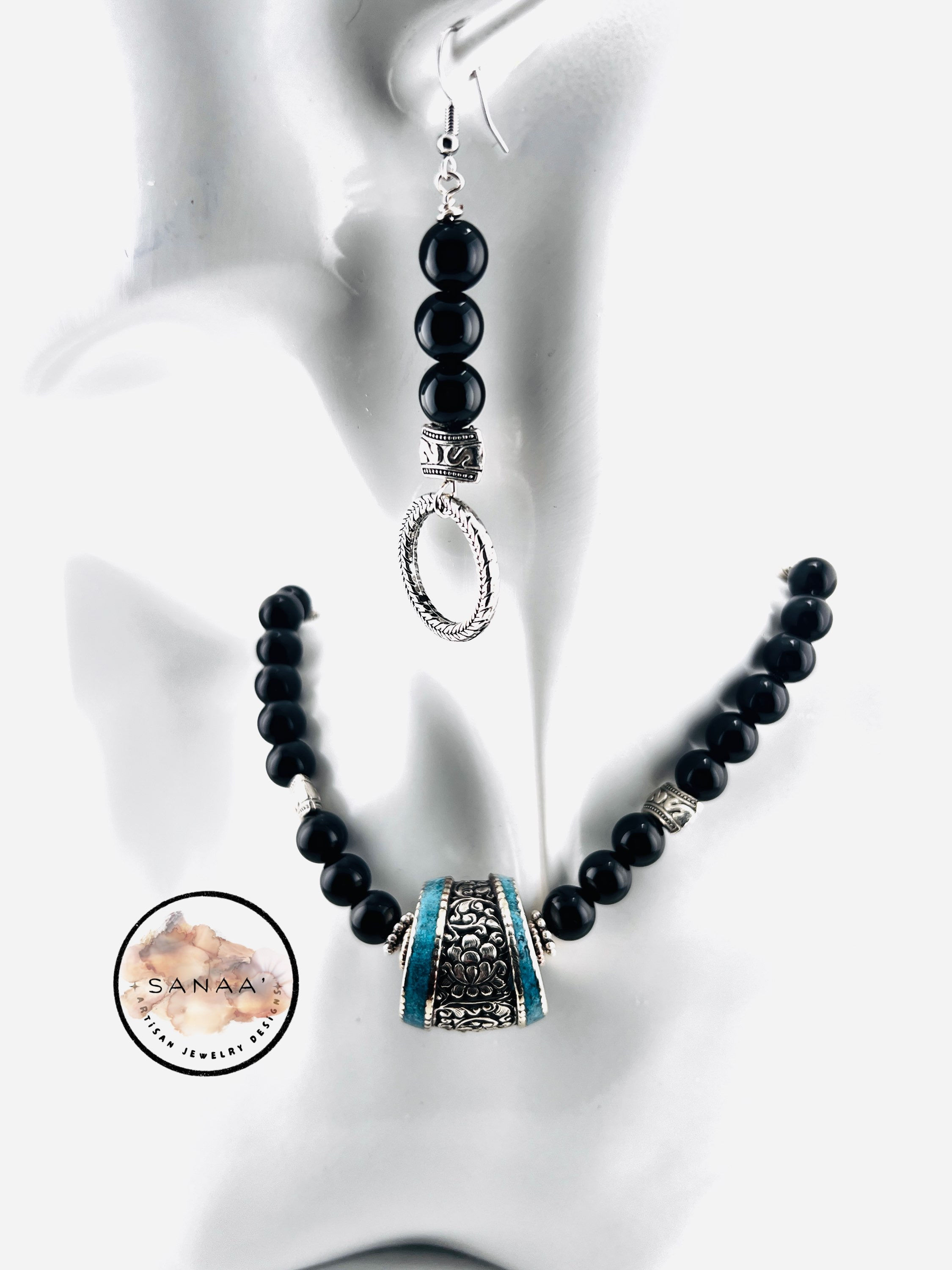 Black Onyx & Tibetan Silver Necklace Set