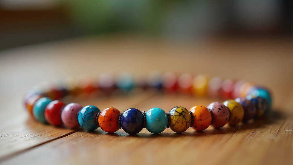 Close-up view of a colorful beaded bracelet on a wooden surface