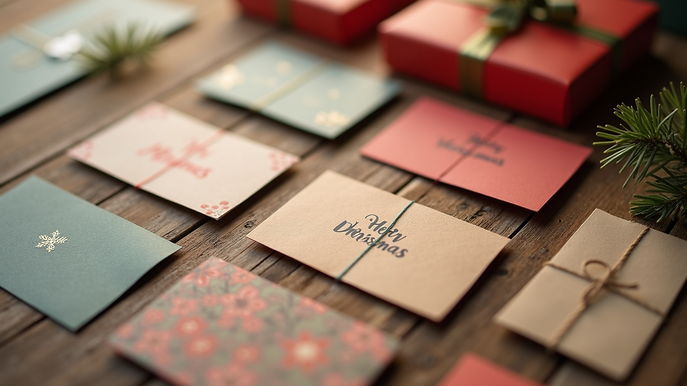 High angle view of a variety of gift cards arranged on a wooden surface
