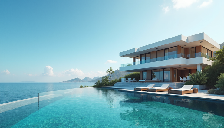 Eye-level view of a luxury waterfront home with clear blue skies