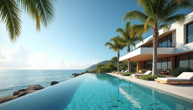 Eye-level view of luxury waterfront home with pool and palm trees