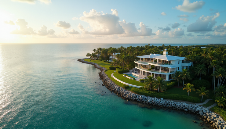 High angle view of drone capturing a Jupiter Florida waterfront estate and surrounding coastline