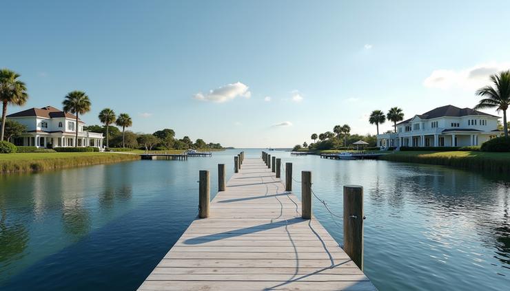 Eye-level view of luxury waterfront estate with dock and calm water in Martin County