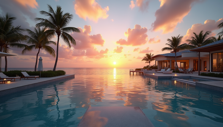 Wide angle view of luxury waterfront property with private dock and sunset