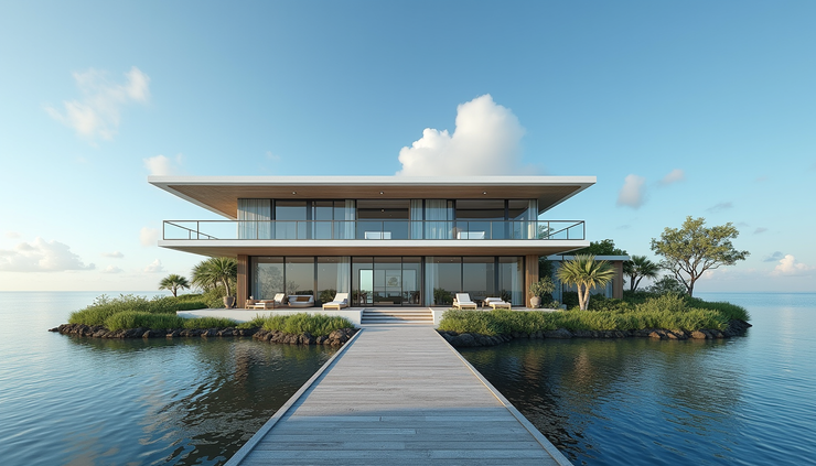 Eye-level view of a modern waterfront home with clear blue skies in Martin County